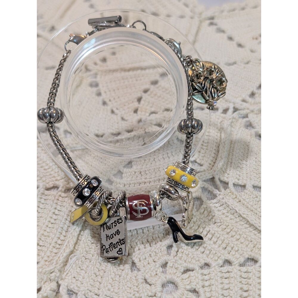 Silver Tone Foxtail Mesh Charm Bracelet Double Chain Toggle Clasp Modular 7.5"